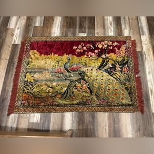 Elegant Multicolor Peacock Tapestry 1970s Vintage French Velvet